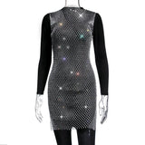 Toloer Women's Mesh Flash Diamond Round Collar Dress