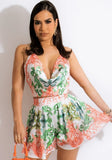 Printed Retro Halter Crop Top and High Waist Wide Shorts Two Piece