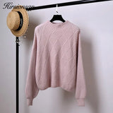 Pull Femme 2019 Winter Autumn Oversized Knitted Cashmere Sweater Women Lantern Sleeve Diamond Basic Thicken