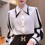Solid Color Patchwork Shirt Stylish Lantern Sleeve Spring Autumn Single-breasted Female Clothing Turn-down Collar Blouse-Outfit