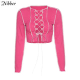 sexy hollow out bandage tops women neon color Ribbed knitting tee shirt female 2021 summer club party street casual