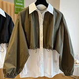 Contrasting Colors Patchwork Blouse Female Clothing Casual Loose Single-breasted Spring Autumn New Commute Polo-Neck