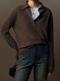 And Winter Gray Bottom V-Neck Small Collar Wool Sweater Women Loose High-End Knitted Shirt With Long Sleeve