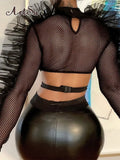 Mesh Solid Long Sleeves Hollow Out Patchwork See Through Crop Top T Shirt Summer Women Sexy Evening Party