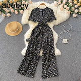 Beach Rompers Female Short Sleeve V Neck Elastic Ruched Loose Casual Bohemian Print Jumpsuits Summer