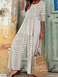 Piece Women Solid Jumpsuits Round Neck Full Sleeve Overalls Striped Print Wide Leg Long Pants Loose Casual Rompers-Outfit