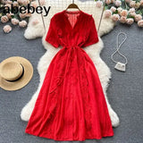 Quality French Lace Dress Women Elegant Short Sleeve Hollow A-line Dresses Summer Fashion Streetwear Maxi Long