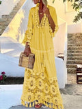Sexy Boho Long Dress Women 2019 Fall Solid Hollow Out V-Neck Lace sexy Dresses bohemian style Plus Size Dress