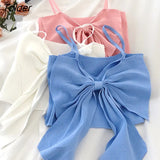 Women Solid Bow Irreguarl Crop Top Sleeveless Tees Knitted Slim Females Sexy Sweet Chic Slim Basic Kawaii Tanks