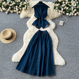 Age-Down Suit Women's Summer Ripe Wind Folds Back-Clip-Free Denim Blouse + High Waist