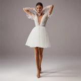 Graduation Party Gift Sexy V-Neck Wedding Dress A-Line Short Sleeves Tulle Mini Bride Gowns Modern Short Backless Vestido De