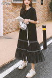 Casual Patchwork Folds Dress For Women Round Neck Short Sleeve Loose Waist Long Dresses Female 2023 Fashion Summer