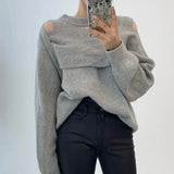 Korean Chic Women Sweater Elegant Hollow Out Off Shoulder Patchwork Loose Knitted Tops Office Lady Fashion Pullover-Outfit