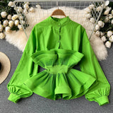 Women Design 3D Flounced edge Blouse Sweet Puff Sleeve O Neck Solid Casual Tops Summer Fashion Streetwear Short Blouses