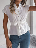 Shooting 2025 Spring And Summer Leisure Solid Color Button Drawstring Short-Sleeved Shirt