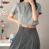 Sleeve T-shirts women solid cropped tops sexy stylish harajuku streetwear girls cool loose all-match korean style