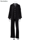 Causal Loose Home Suit Long Sleeve Blouse With High Wasit Pants Set Women Elegant Pleated Beige 2 Piece Pant