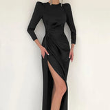 Satin Gown Split Wrap Maxi Dress Women Elegant Fashion Outfits Straight Club Party Long Sleeve Dresses