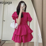 Dresses Woemn Lace Up Ruffles Patchwork Puff Short Sleeve Solid Korean Fashion Spring Summer Ladies Dress Casual-Outfit