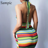 Summer Beach Knitted Halter Bodycon Party Fashion Stripe Dress Women Off Shoulder Chic Hollow Out Mini Short Wrap