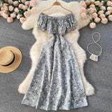 Women Floral Dress bohemian A-Line slash neck short sleeves dress summer vintage beach off shoulder Polka Dot