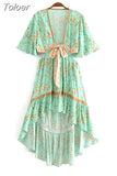 Sau beauty New Boho Floral Print Swing Dress Women Holiday Style Fashion Irregular Dresses Female Vestido De