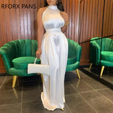 Women Elegant Solid Halter Sleeveless Maxi Formal Party Sexy Satin White Dress-Outfit