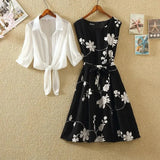 Suit Women's Fashion 2022 Summer New Korean Bandage Retro Sleeveless Printed Chiffon Dresses Chiffon Blouse Two-Piece