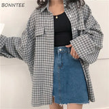 Women Ins Retro Basic Plaid All-match Simple Trendy Elegant Femme Shirts Turn-down Collar Chic Long Sleeve Womens