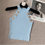 Quality 2022 Summer New Hollow Out Womens Tank Tops Thin Knitted Sleeveless Sexy Tops Golden Buttons Camisole Women
