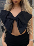 Black Bow Crop Tops Sexy Outfits for Woman Night Club Open Back Halter Top French Vintage Tanks Camis 2022