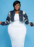 Plus Size Fashion Print Blue Turn Down Collar Long Sleeve Jeans