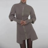 Solid Irregular Hem Dress For Women Stand Collar Long Sleeve High Waist Knitting Mini Dresses Female Clothing