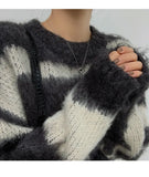 Mohair Striped Oversized Sweater Pullover Women Autumn 2021 Long Loose Knitted Sweater Korean Fashion