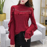 Solid Color Ruffles Spliced Shirt Spring Autumn Slim Basic Half High Collar Female Clothing Chic Diamonds Knitted Blouse-Outfit