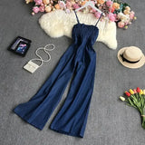 New Spring Autumn Fashion sleeveless off shoulder denim Jumpsuit high waist pleated solid color casual wide leg