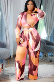 Print Long Sleeve Crop Top and Wide Pants