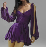 Spring Women's Dress Sexy Hottie Skylit Lantern Sleeve V Collared Shoulder