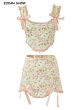 Floral Print Bow Cross Lacing up Back Corset Wood ears Crop Top + High Waist Ribbon Asymmetric Mini Skirt 2 pieces 1 set-Outfit