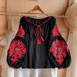 Travel To Shoot Retro National Wind Embroidery With Tuxedo V-Neck Lantern Sleeve Top Lady