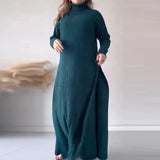 Solid-Color High-Collar Side Open-Fork Knitted Trousers Set In Autumn