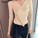 2023 Spring Autumn Ribbed V-neck Pullover Women Basic Solid Color Knitted Sweater Woman Slim Fit Long Sleeve Jumper