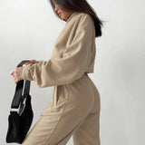 Solid Women Zipper Stand Collar Tops Autumn Winter Two Piece Sets Splice Full Sleeve Elastic Waist Straight Long Pants Set-Outfit