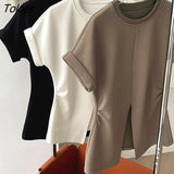 Split Flying Sleeves T Shirts Cotton Loose Elegant Office Lady Solid Women Sexy Tops Korean Fashion Summer Large