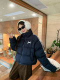 Navy Blue Bow Stripe Puffer Jacket-Outfit