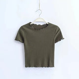 Wood ears O neck Short sleeve T-shirt 2023 New Woman Slim Fit t shirt tight tee Summer Retro Tops 6 colors-Outfit