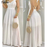 Summer Ruffle Hem Open Back Slit Maxi White Dress Sleeveless Elegant Casual Lace Up Sexy Vacation Solid Long Ladies