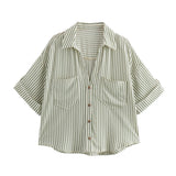 Spring And Summer New Women's Fashion Casual Collar Striped Wide-Sleeved