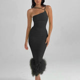 One Shoulder Feather Down Midi Dress For Women Gown Summer New Sleeveless Long Bodycon Clubwear Dress-Outfit