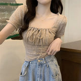 With Drawstring T-Shirt For Girls Summer New Retro French Style Collar Temperament Collar Collar Short Sleeve Top In